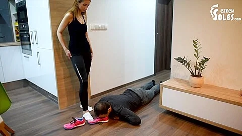 Hot Cougar Makes Her Slave Sniff Her Nasty Running Shoes And Stinky Feet